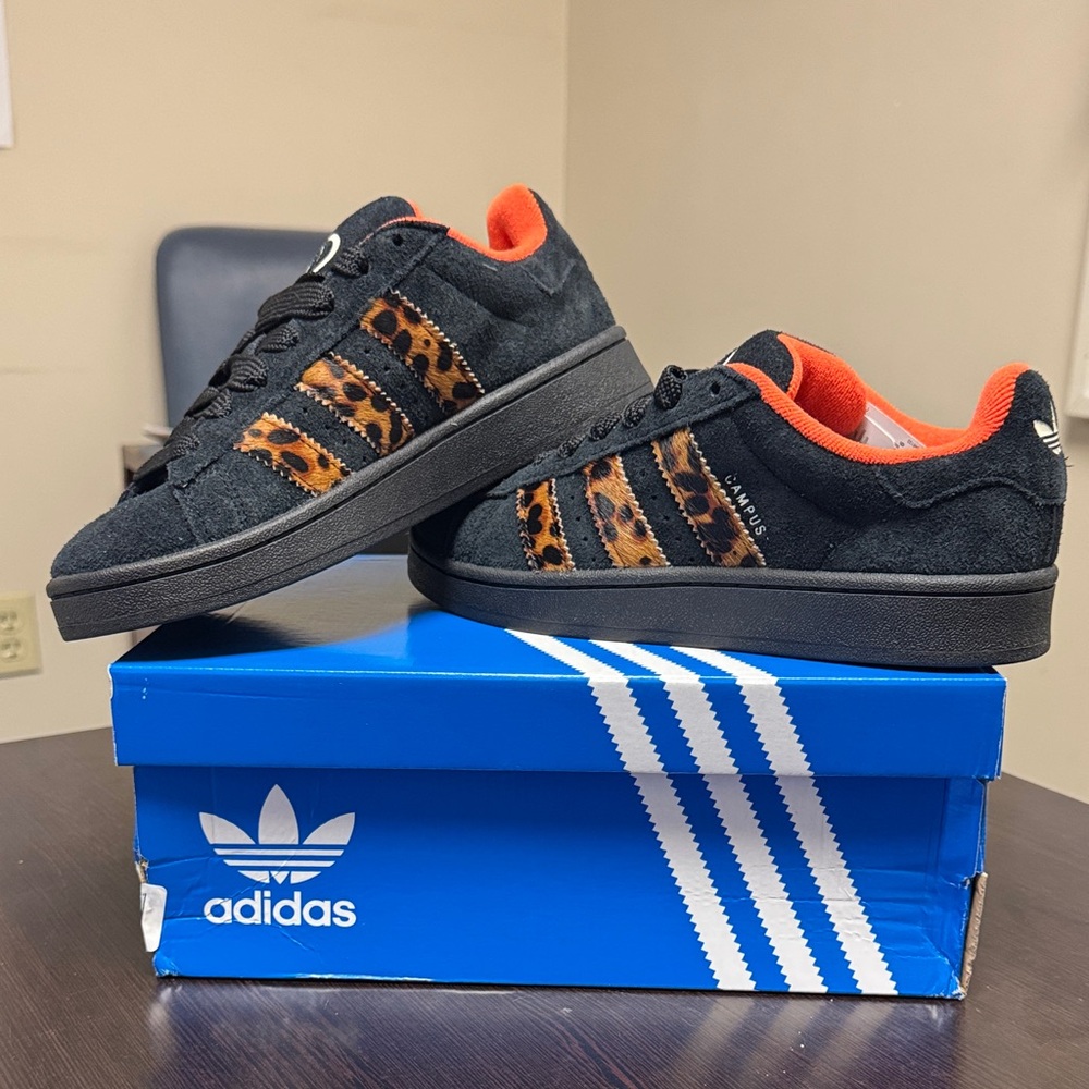 Adidas Campus Black and Orange Animal Print Sneakers